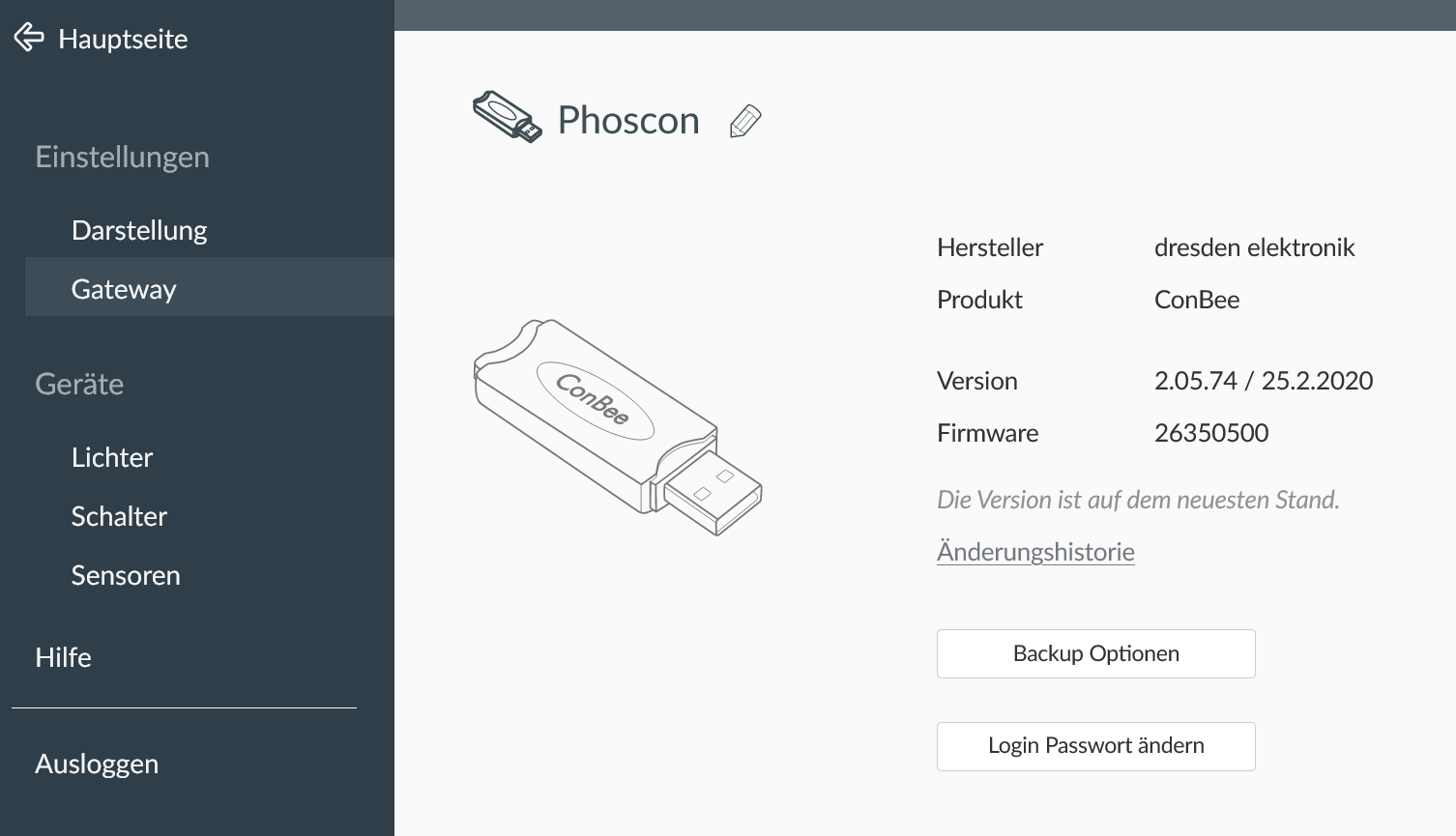 ConBee Adapter in Phoscon-Oberfläche