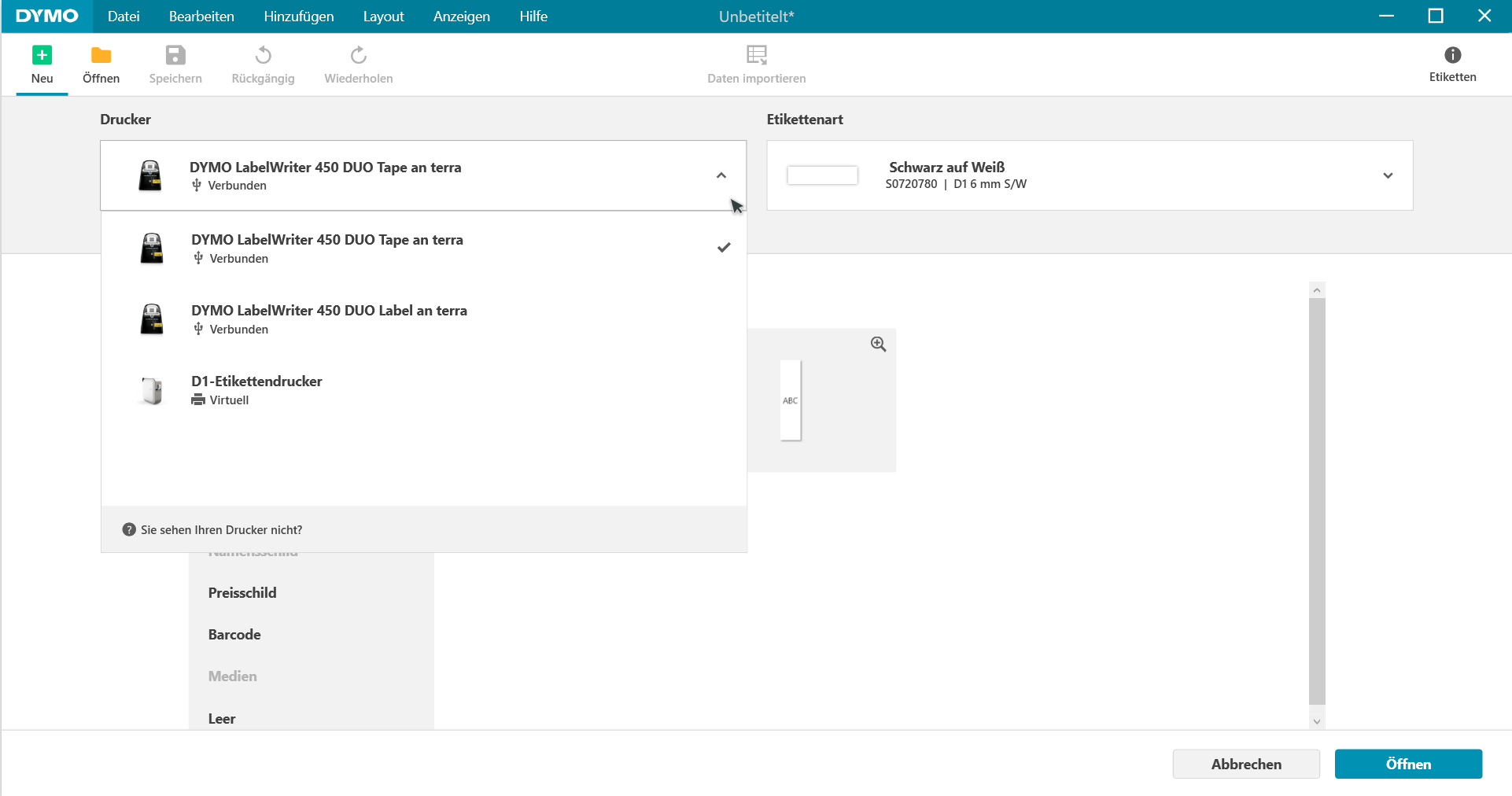 Drucker in DYMO Connect