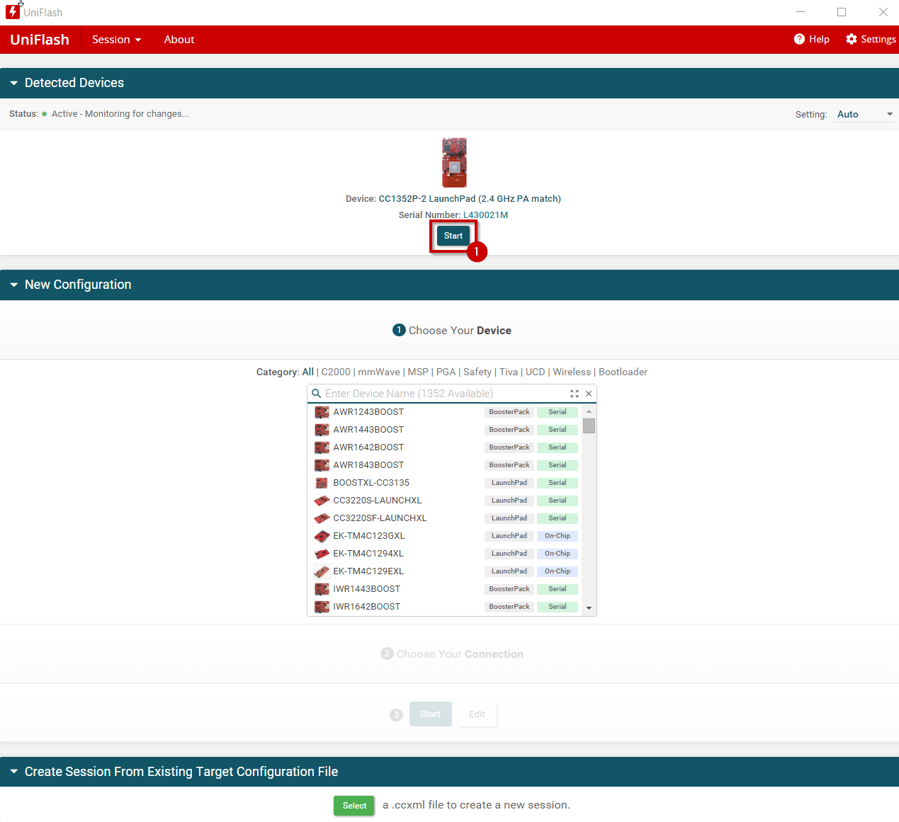 Auswahl des zu flashenden Adapters in UniFlash