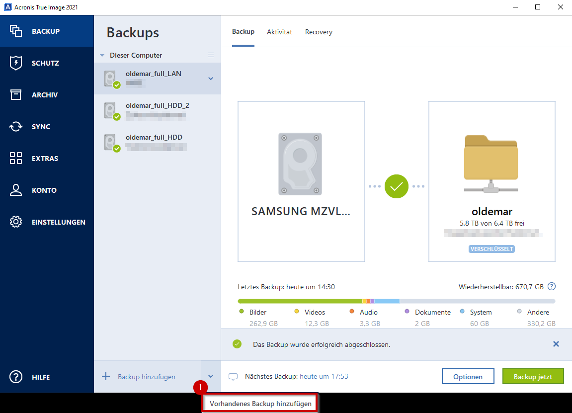 Bestehendes Backup hinzufügen
