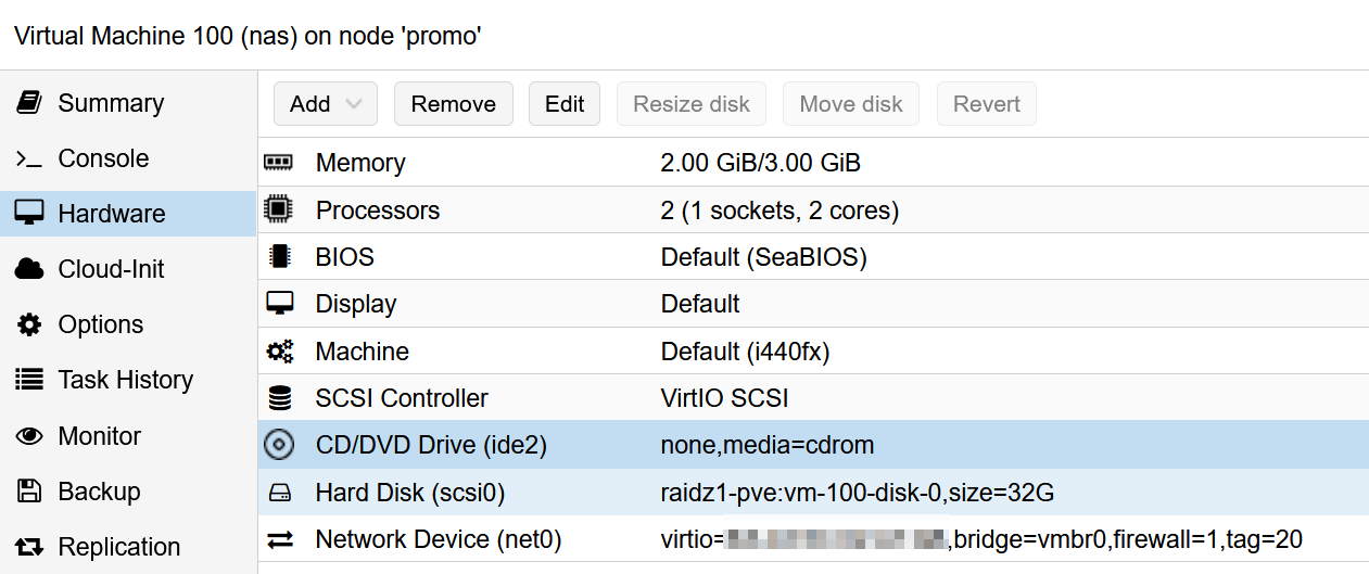 Parameter für die openmediavault-VM